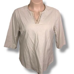 XL Analogy Linen Blend Top Beige Lightweight Boho Lace Trim Embroidered Hippie